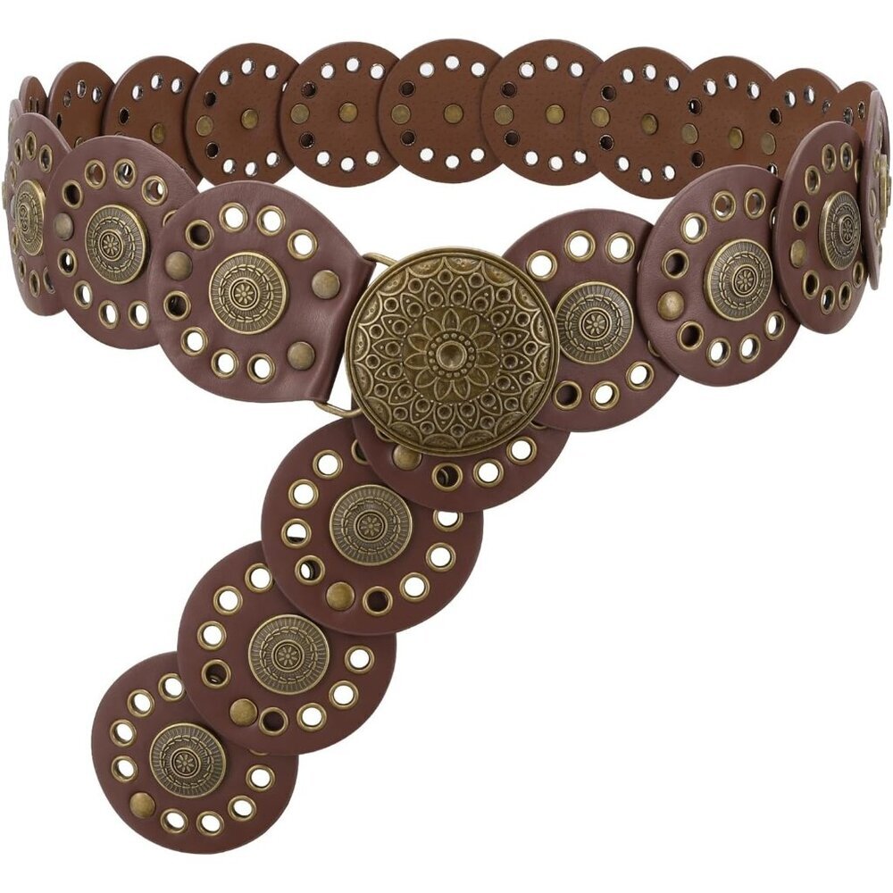 Women Vintage Disc Waist Concho Leather Belt Boho Waist Belt Brown Bronze Buckle